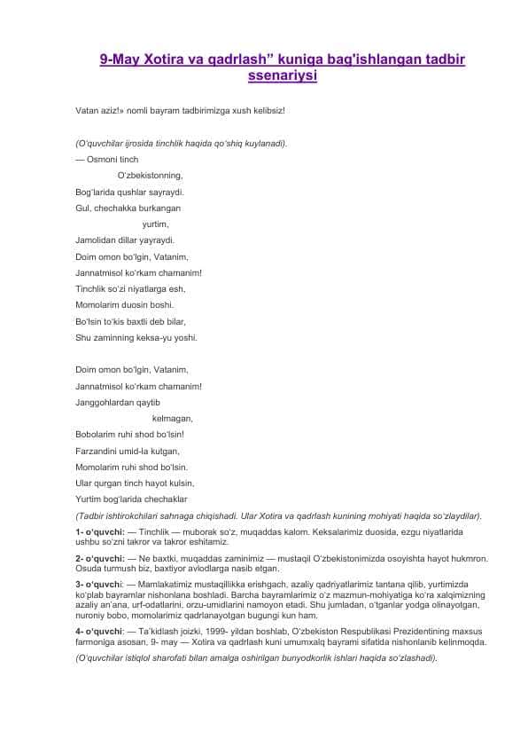 9-may Xotira va qadrlash kuni tadbir ssenariysi