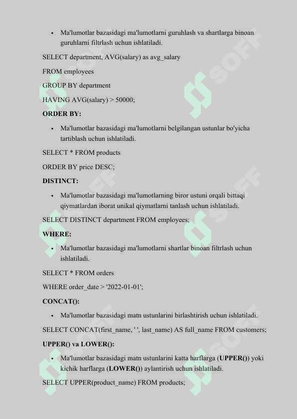 Standart funksiyalardan foydalanib so`rovlar yaratish 2