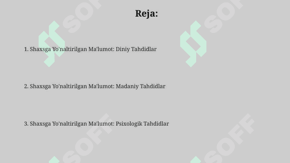 Shaxsga yo'naltirilgan axborot : psixologik, diniy va madaniy tahdidlar 2