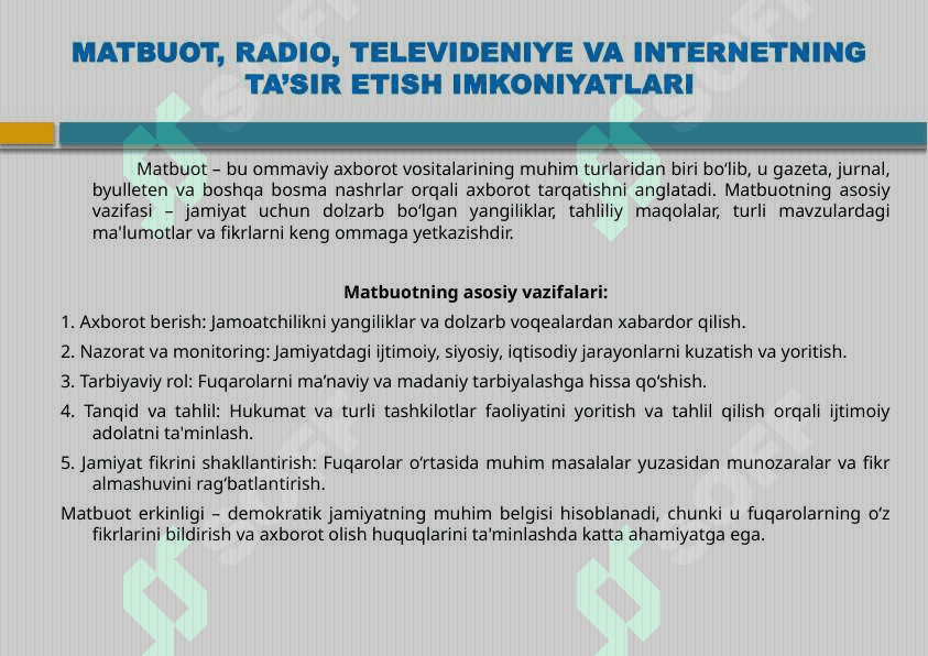 MATBUOT, RADIO, TELEVIDENIYE VA INTERNETNING TA’SIR ETISH IMKONIYATLARI 2