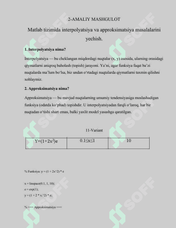 Matlab tizimida interpolyatsiya va approksimatsiya masalalarini yechish. 2