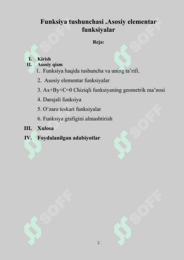 Funksiya tushunchasi.Asosiy elementar funksiyalar mavzusida tayyorlagan 2