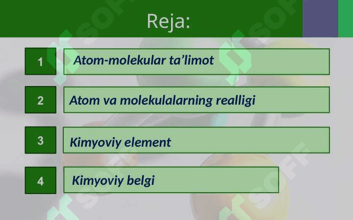 Atom molekular ta’limot. Atom va molekulalarning realligi (mavjudligi). Kimyoviy element, kimyoviy belgi 2