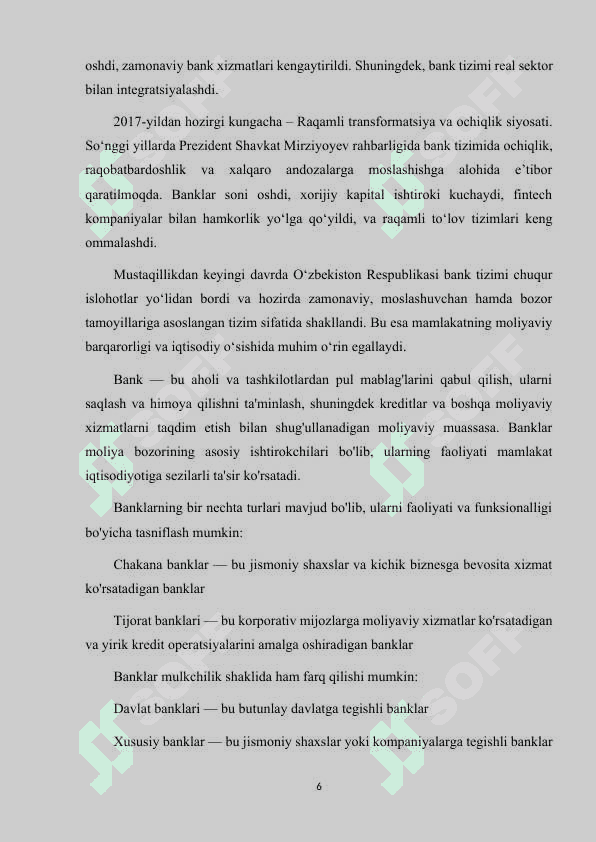 O'ZBEKISTON RESPUBLIKASI BANK TIZIMI VA UNING TARKIBI 6