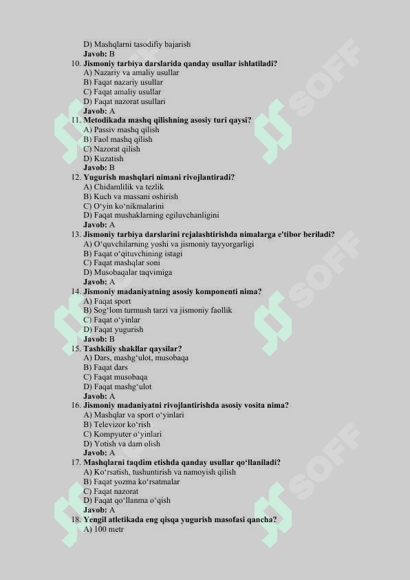 Jismoniy madaniyat va jismoniy tarbiya metodikasi fanidan 200 ta test savollari javoblari bilan 2
