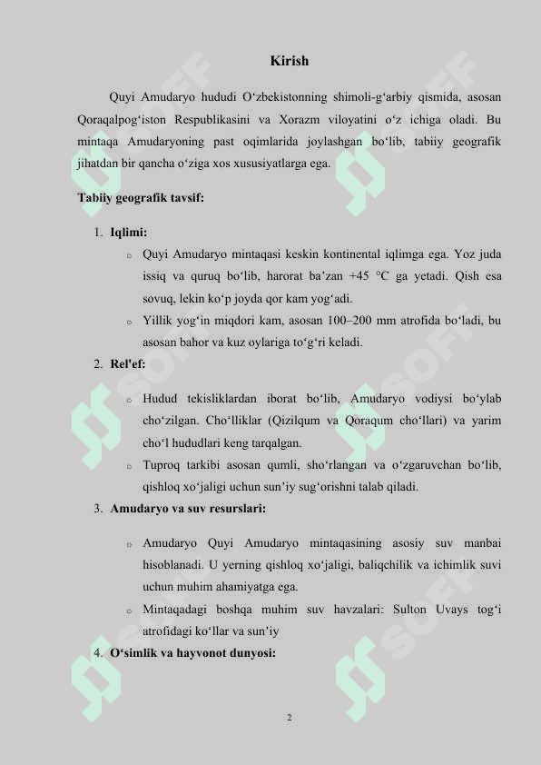 Quyi Amudaryoga tabiiy geografik tavsif.Kurs ishi 2