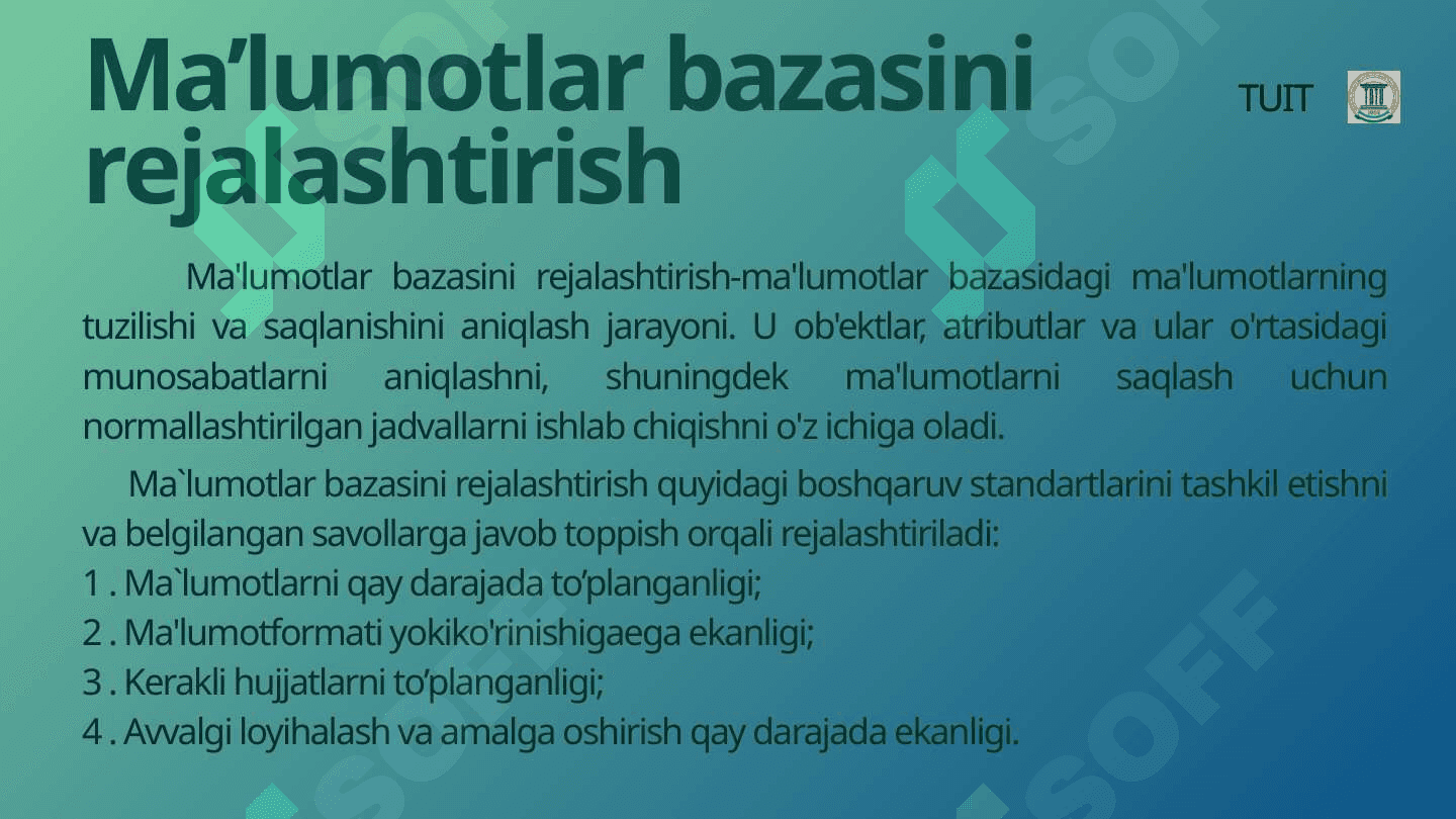 Ma’lumotlar bazasini rеjalashtirish, loyihalashlash va administratorlash. 4