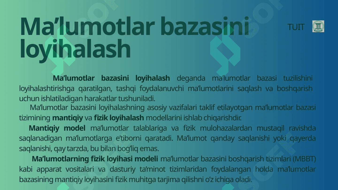 Ma’lumotlar bazasini rеjalashtirish, loyihalashlash va administratorlash. 7