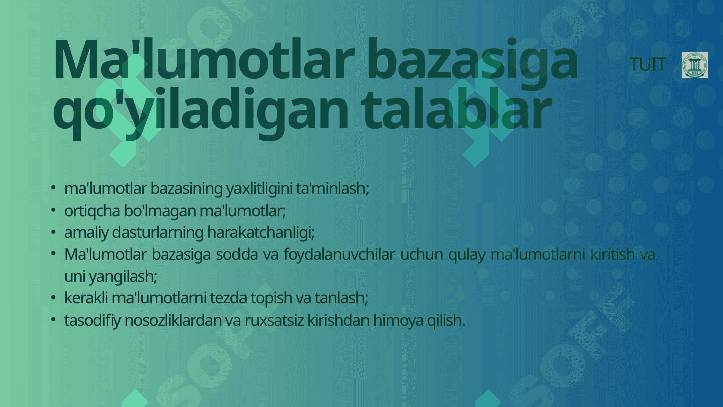 Ma’lumotlar bazasini rеjalashtirish, loyihalashlash va administratorlash. 8