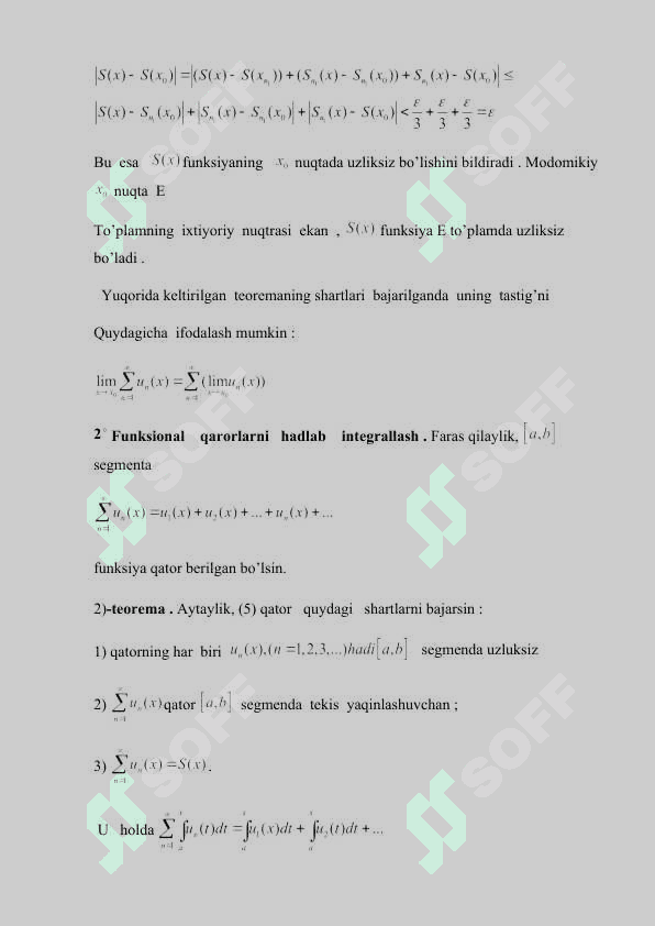 Tekis yaqinlashuvchi funksional qatorlarning xossalari. 3