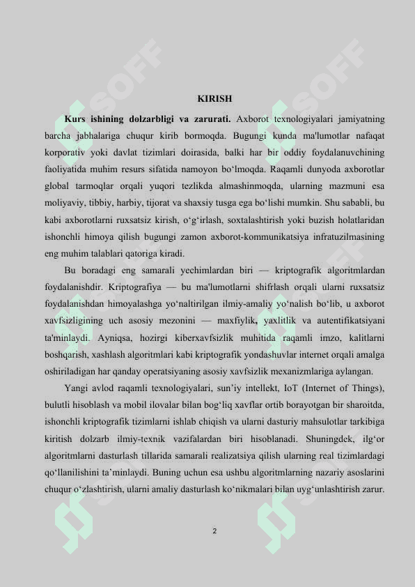Kurs ishi | Kriptografik algoritmlar va ularning dasturiy realizatsiyasi 2