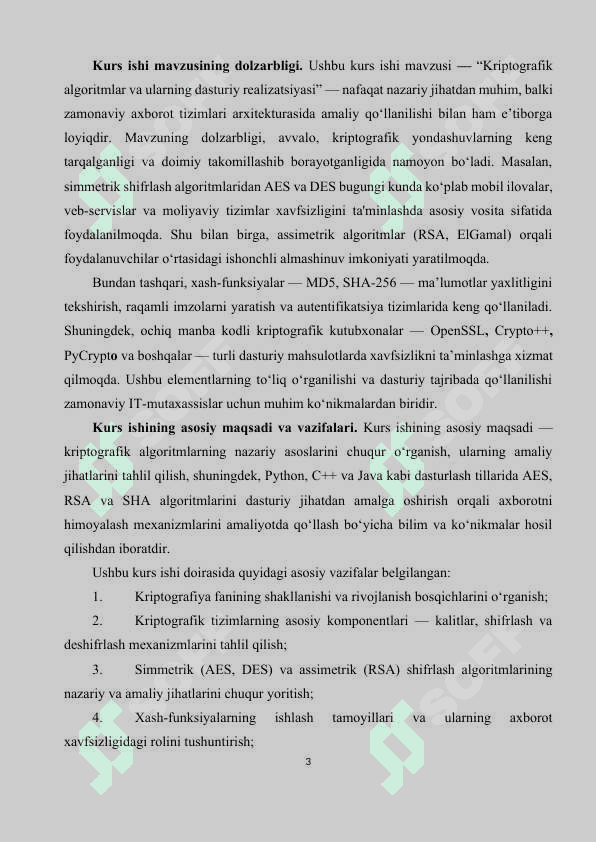 Kurs ishi | Kriptografik algoritmlar va ularning dasturiy realizatsiyasi 3