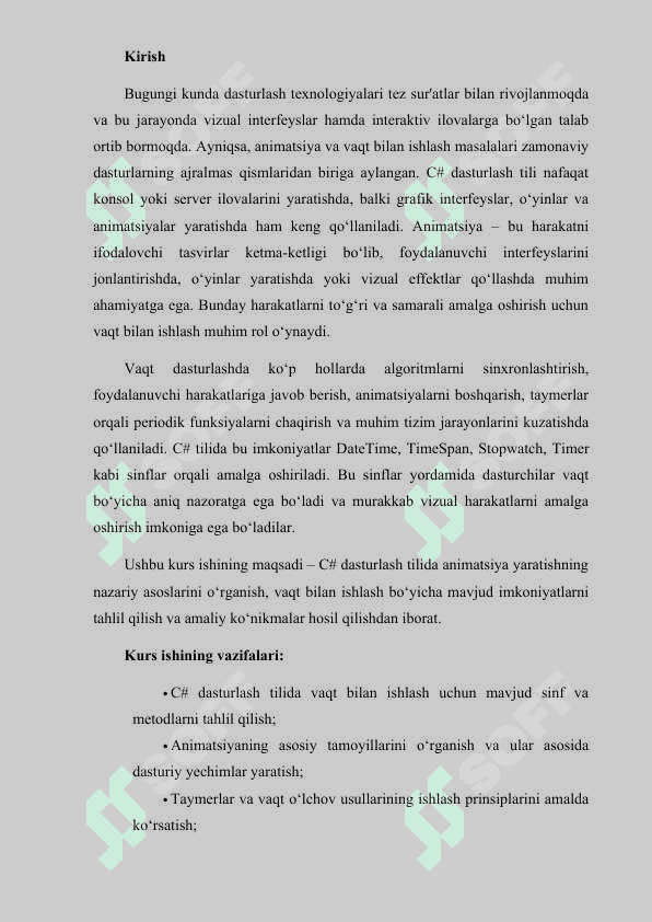 C#da animatsiya. vaqt bilan ishlash kurs ishi 2