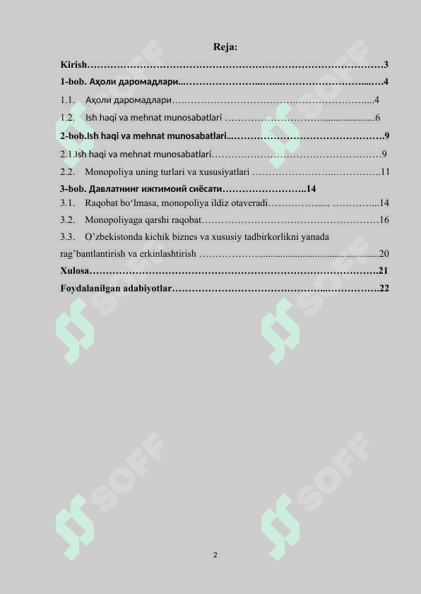 Аholi daromadlari, ish xaqi va mehnat munosabatlari. Davlatning ijtimoiy siyosati 2