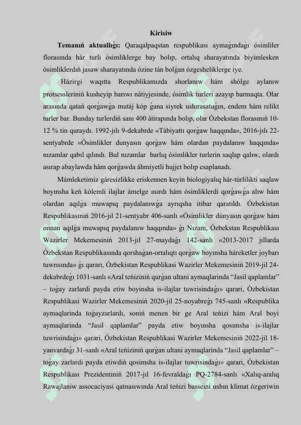 Ósimliklerdiń jasaw sharayatına maslasıwı 2