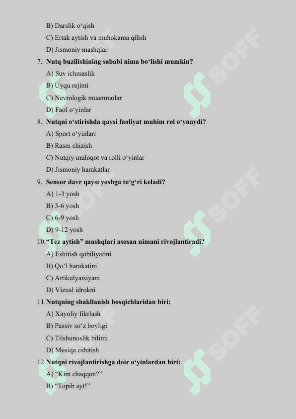 Maktabgacha yosh davrida nutqning shakllanishiga doir ilmiy izlanishlar test 2