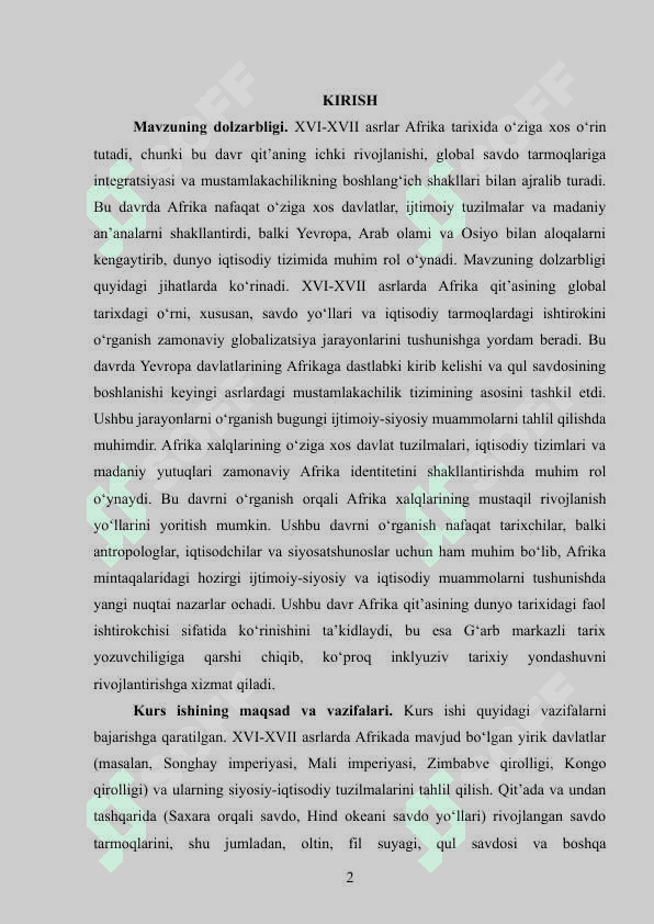 XVI-XVII ASRLARDA AFRIKA kurs ishi 2