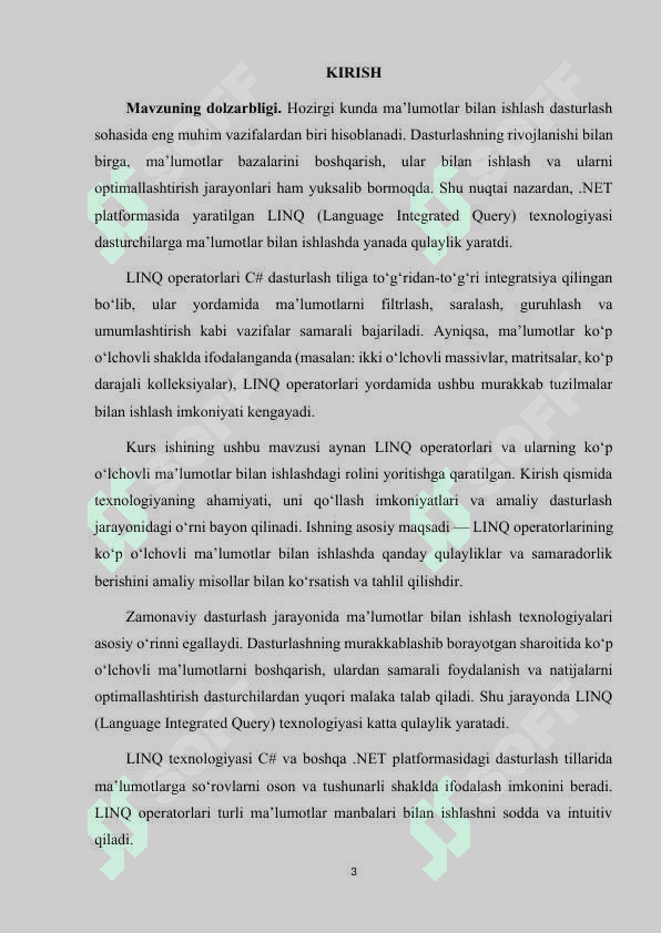 LINQ OPERATORLARI VA ULARNING KO'P O'LCHOVLI MA'LUMOTLAR BILAN ISHLASHDAGI ROLI 3