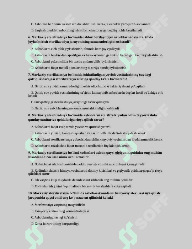 MARKAZIY STERILIZATSIYA BOʻLIMI ISHI BOʻYICHA TESTLAR 2