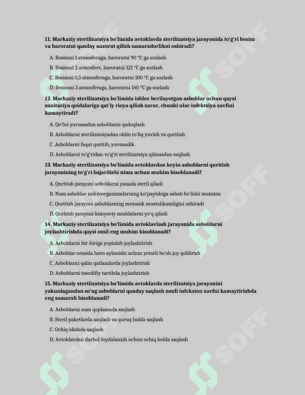 MARKAZIY STERILIZATSIYA BOʻLIMI ISHI BOʻYICHA TESTLAR 3