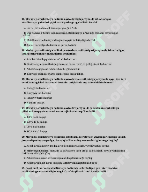 MARKAZIY STERILIZATSIYA BOʻLIMI ISHI BOʻYICHA TESTLAR 4