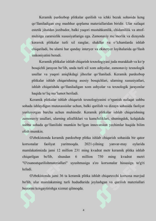 Keramik pardozbop plitkalar ishlab chiqarish texnologiyasi” 4