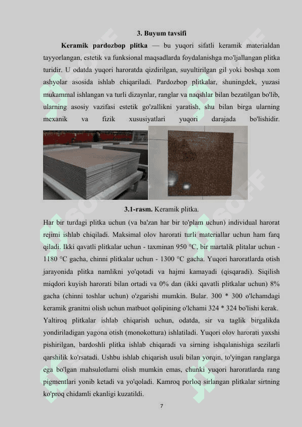 Keramik pardozbop plitkalar ishlab chiqarish texnologiyasi” 7