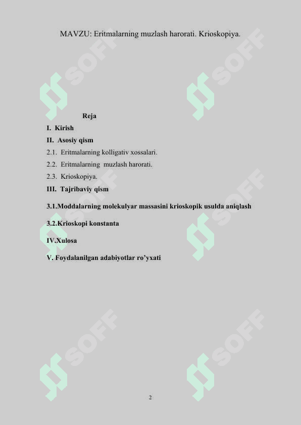 Eritmalarning muzlash harorati. Krioskopiya 2