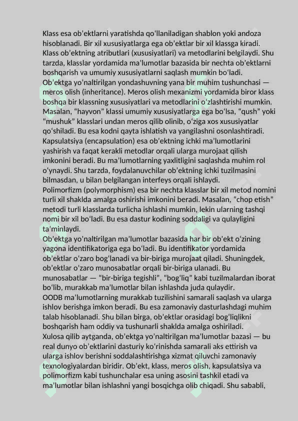 Ob’ektga yo’naltirilgan ma’lumotlar bazasi. 2