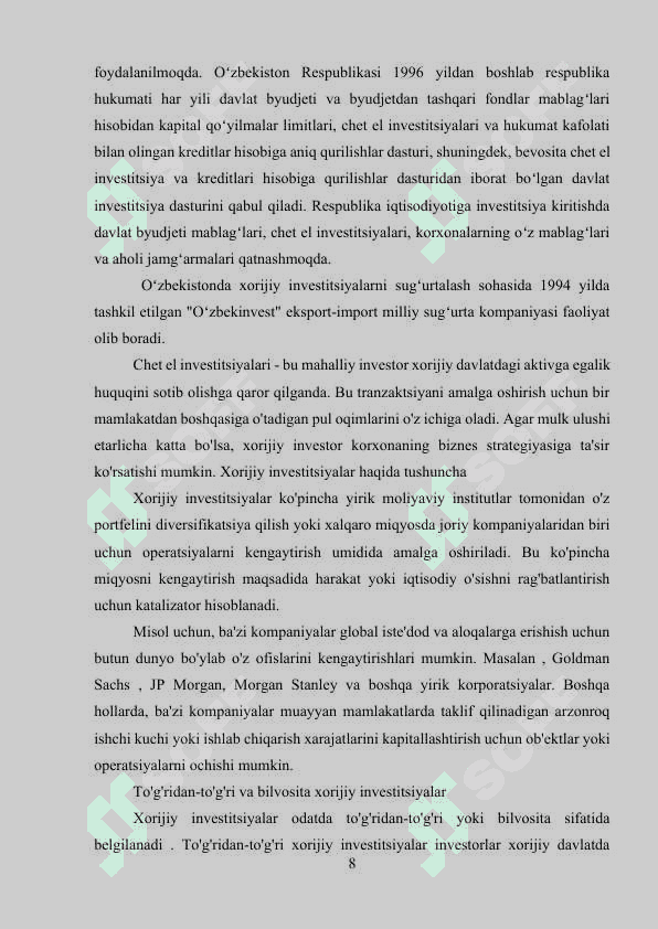XORIJIY INVESTITSIYALARNI JALB QILISH USULLARI VA SHAKLLARI 8