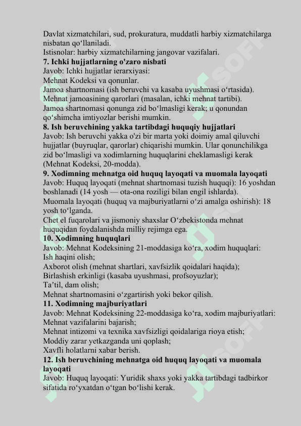 mehnat fanidan yakuniy test savollari javobi bilan 2
