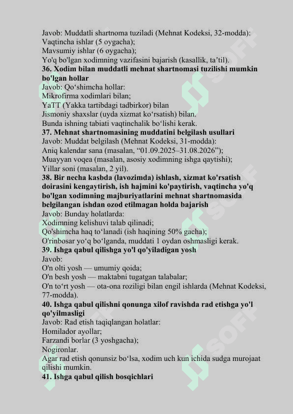 mehnat fanidan yakuniy test savollari javobi bilan 7