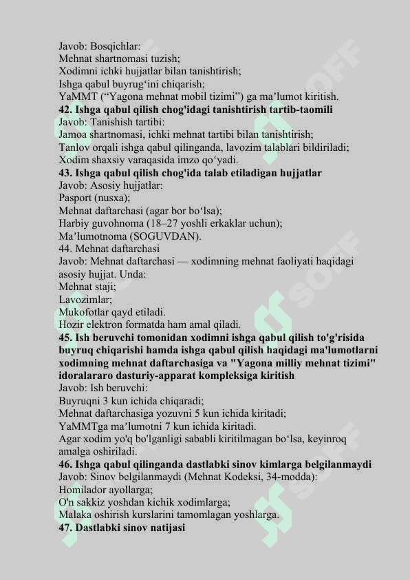 mehnat fanidan yakuniy test savollari javobi bilan 8
