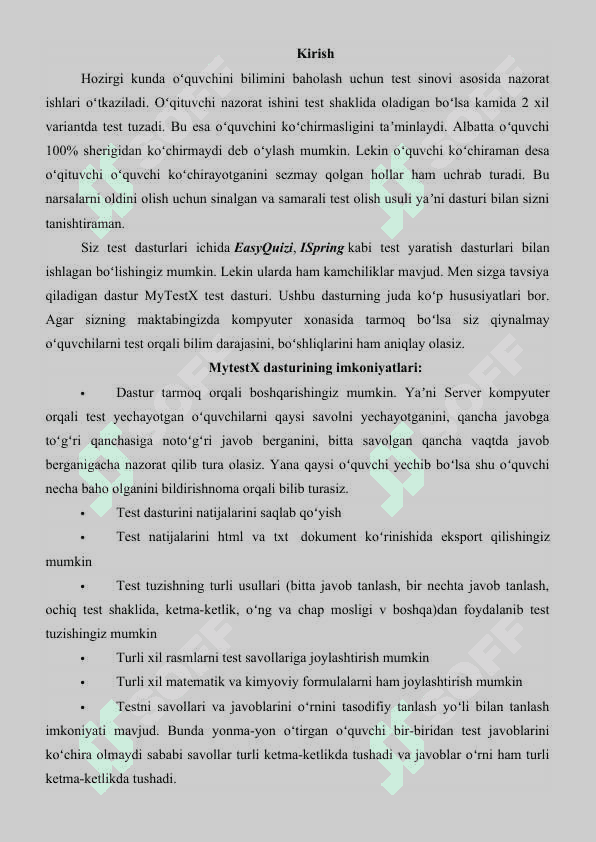 MY, Test X dasturi 2