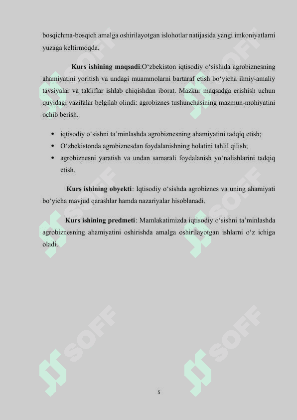 AGROBIZNES VA UNING TURLARI” MAVZUSIDA kurs ishi 5
