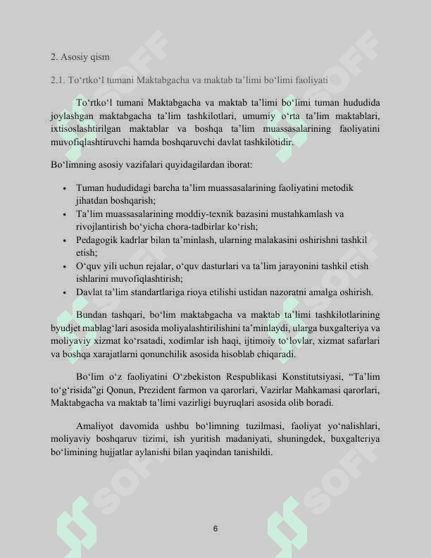 Maktabgacha va umumiy o‘rta ta’lim muassasalarini boshqarish va muvofiqlashtirish. AMALIYOT HISOBOTI 6