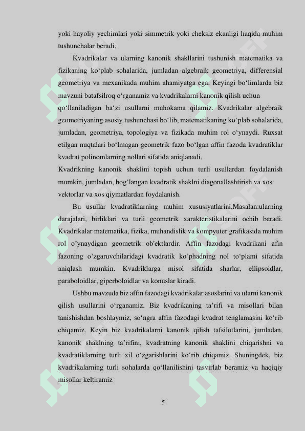 Affin fazosidagi kvadrikalar kurs ishi 5