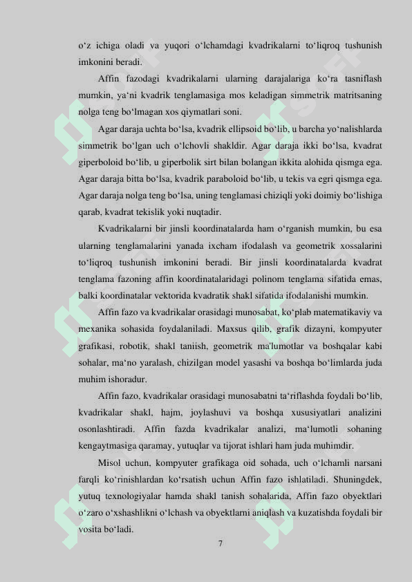 Affin fazosidagi kvadrikalar kurs ishi 7