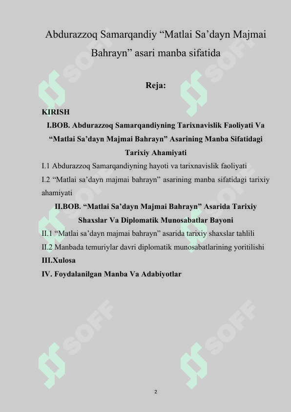 Abdurazzoq Samarqandiy “Matlai Sa’dayn Majmai Bahrayn” asari manba sifatida 2