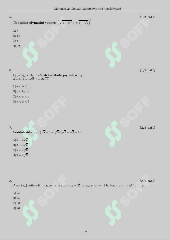 Milliy sertifikat test matematika 2