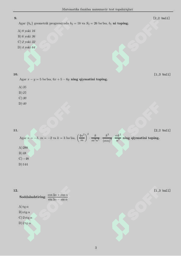 Milliy sertifikat test matematika 3