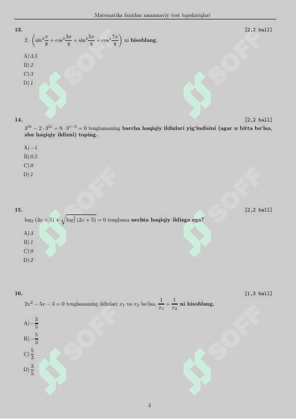 Milliy sertifikat test matematika 4