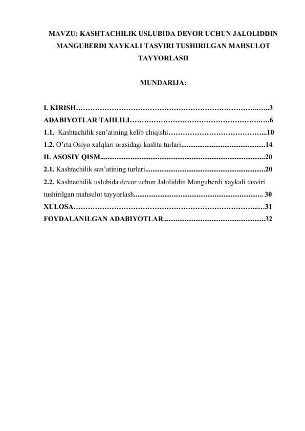 KASHTACHILIK USLUBIDA DEVOR UCHUN JALOLIDDIN MANGUBERDI XAYKALI TASVIRI TUSHIRILGAN MAHSULOT TAYYORLASH