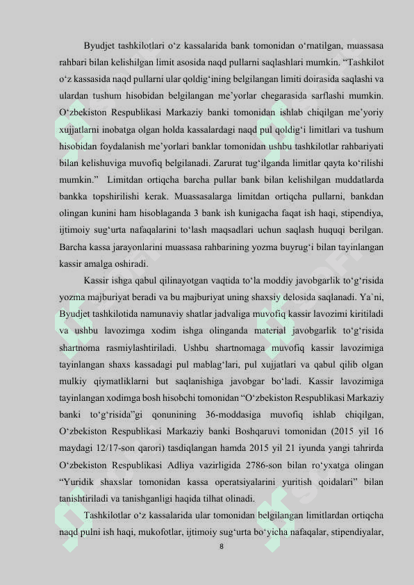 KASSA DAFTARINI YURITISH, KASSIRNING HISOBOTI, JURNAL ORDERI YURITISH TARTIBI. 8