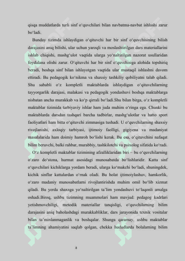 Oʻz komplektli maktablarda matematika oʻqitish xususiyatlari kurs ishi 8