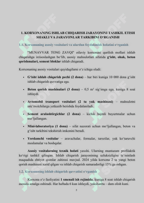 Amaliyot hisoboti. Non, toʻrt, makaron, qandolat mahsulotlari ishlab chiqaruvchi korxona boʻyicha.(Mchj) 5