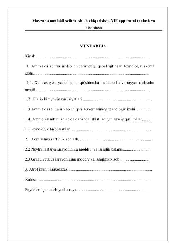 Ammiakli selitra ishlab chiqarishda NIF apparatni tanlash va hisoblash