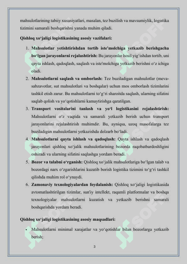 Qishloq xo’jaligi ishlab chiqarish logistikasida omborlarni o’rni 	MUNDARIJA 3