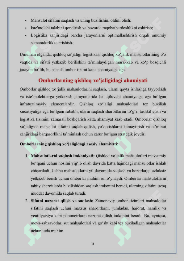 Qishloq xo’jaligi ishlab chiqarish logistikasida omborlarni o’rni 	MUNDARIJA 4