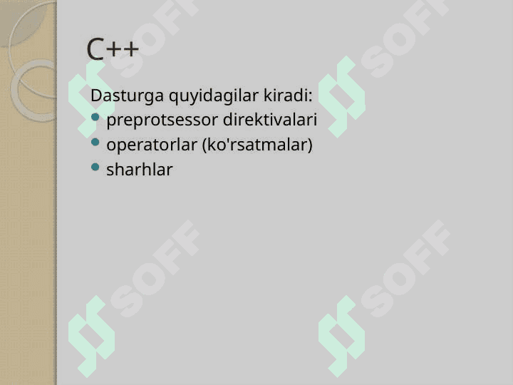 C++ Dasturlash tilining alifbosi, buyruqlar tizimi Chiziqli, tarmoqlanuvchi va takrorlanuvchi dasturlar 2
